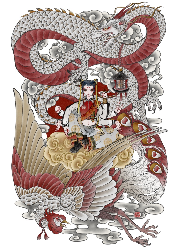 龍鳳呈祥(人物)ロングスリーブTシャツ 白・黒