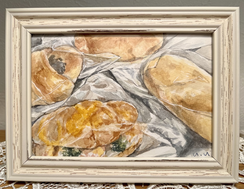 額付き水彩原画〈パン屋帰りの机の上〉/L判サイズ