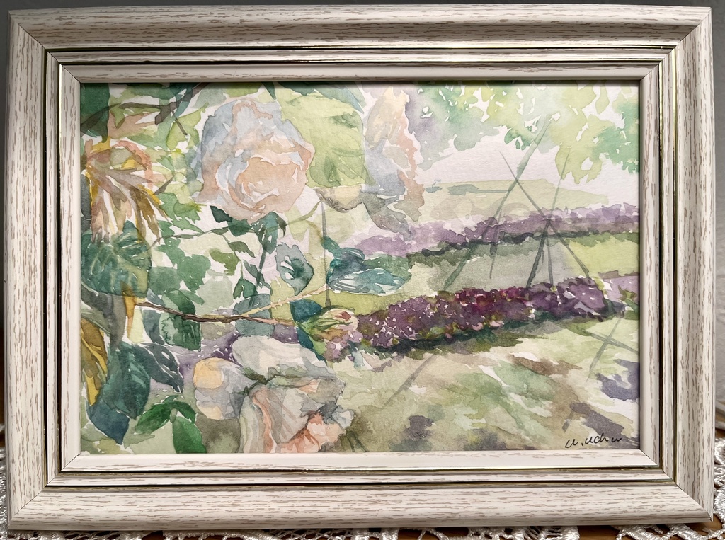額付き水彩原画〈薔薇と陽光〉/はがきサイズ