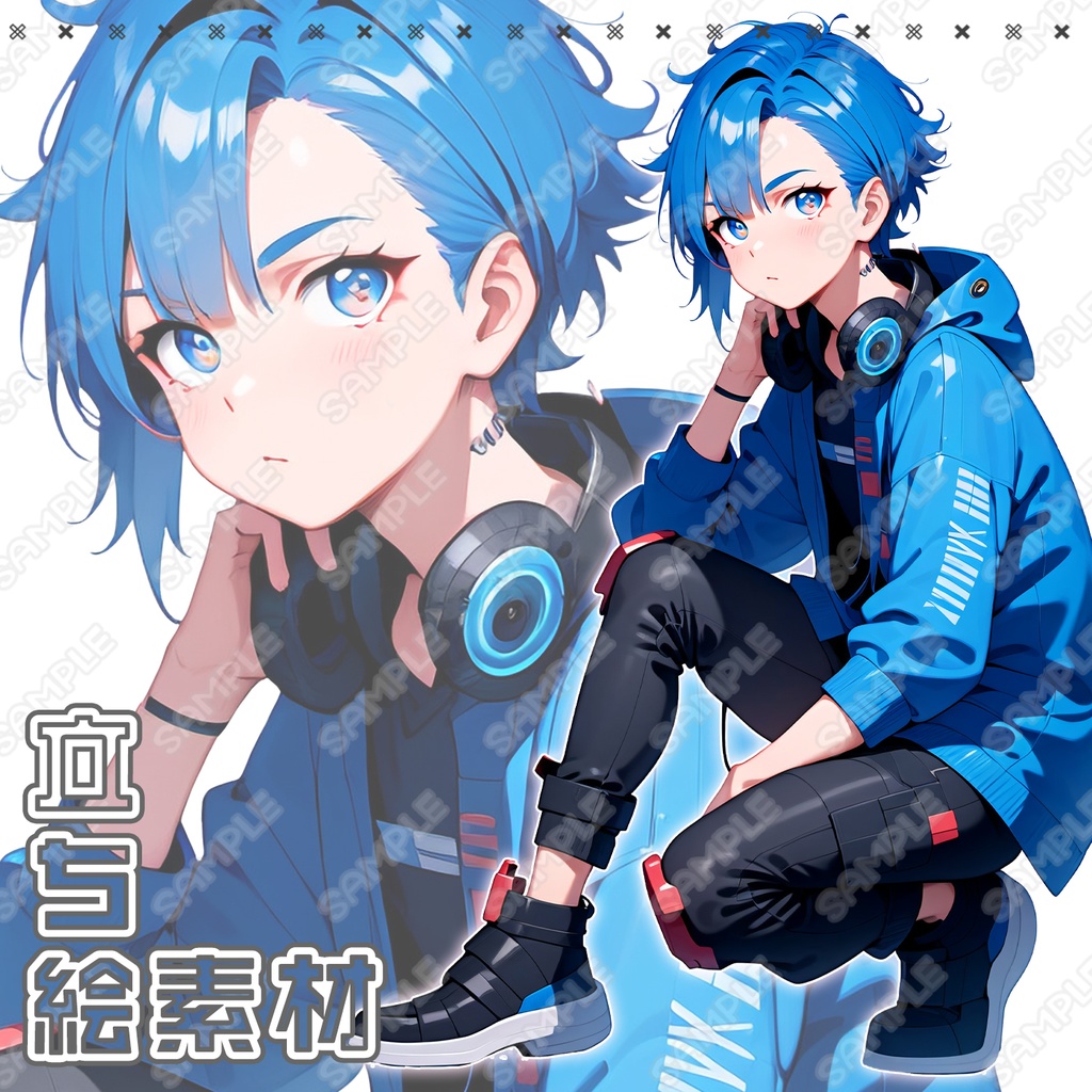 【005】立ち絵素材_青髪少年_ヘッドホン