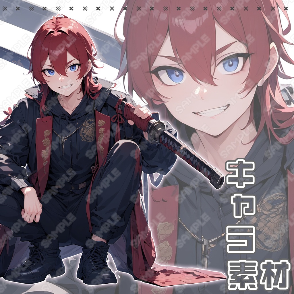 【027】キャラ素材_ヤンキー風少年_赤髪