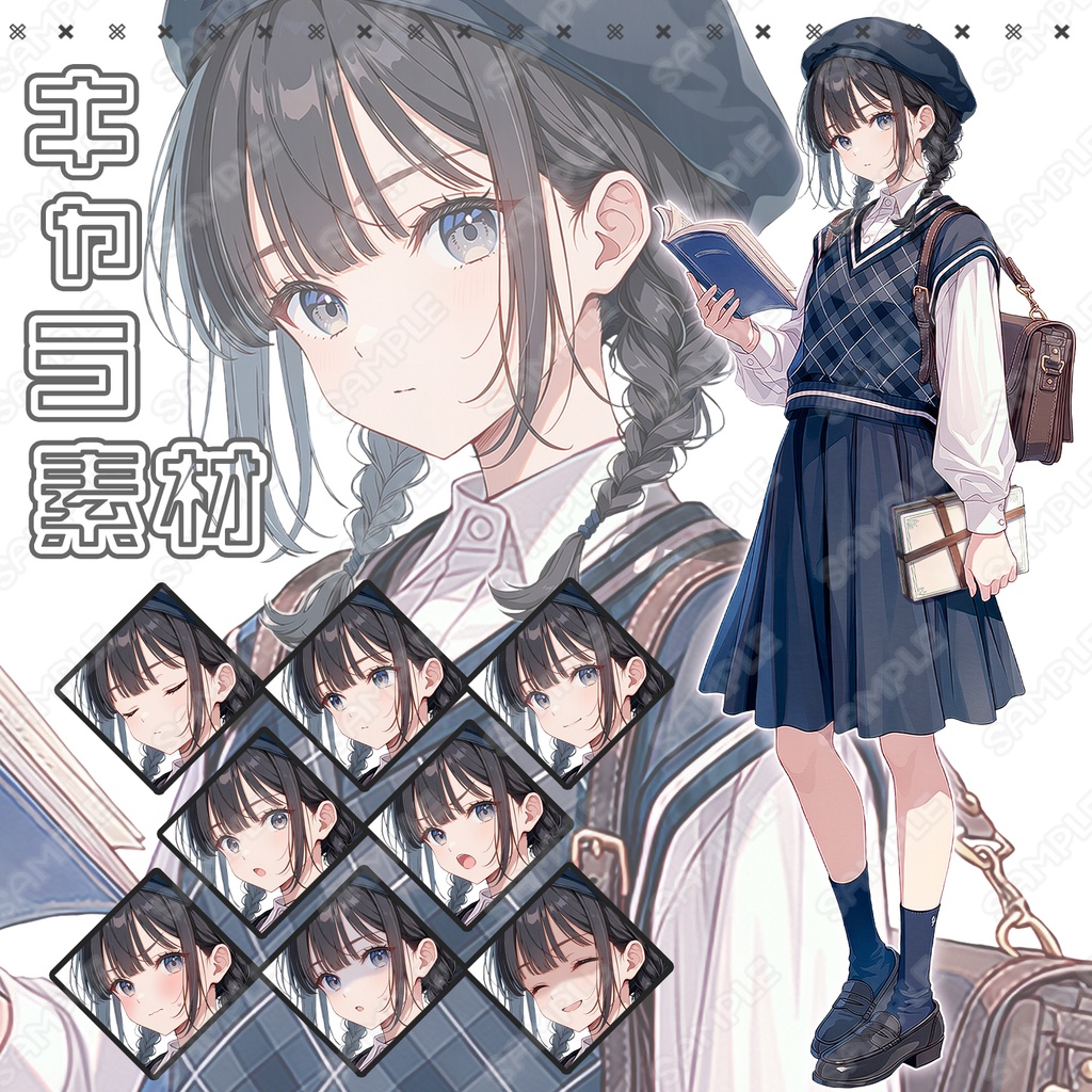 【282】キャラ素材_読書×学生×文学系女子【表情差分8種】