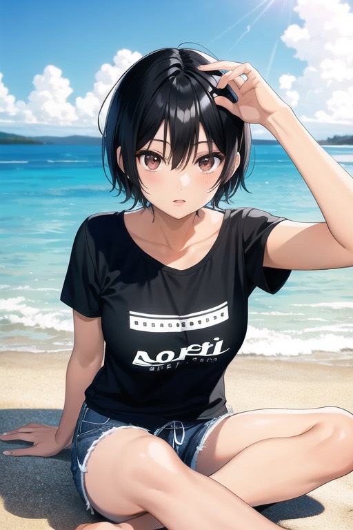 AI生成_浜辺の黒髪美少女