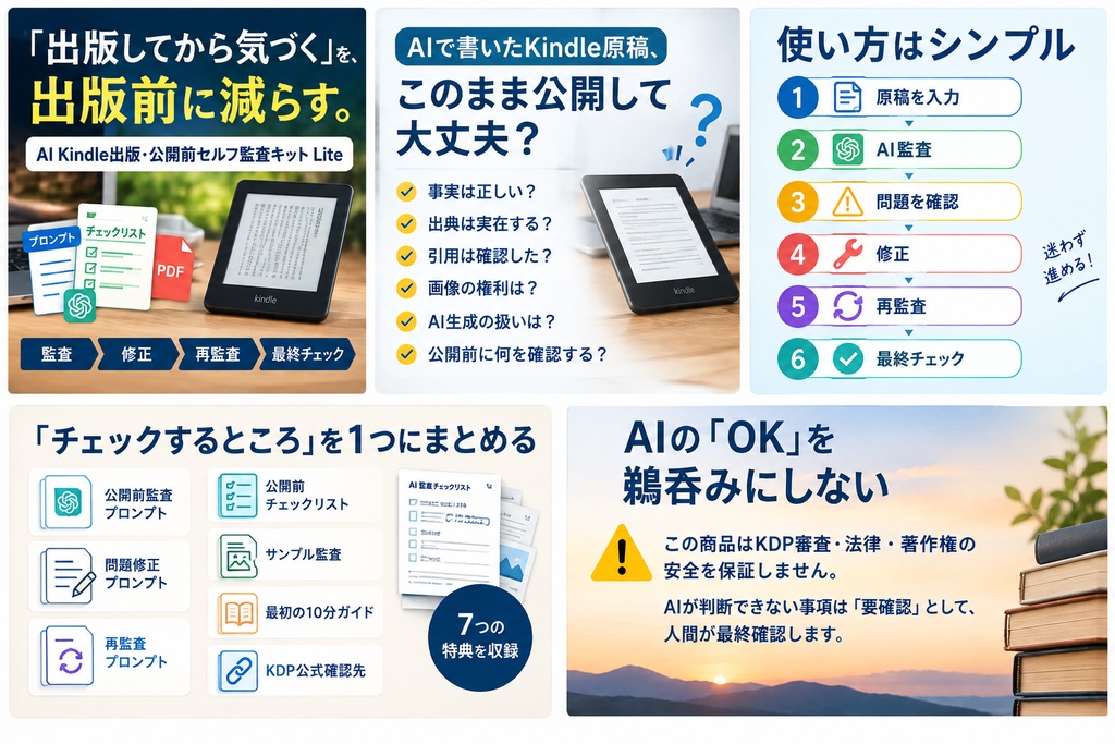 AI Kindle出版・公開前セルフ監査キット Lite｜AI原稿の事実・出典・権利・KDP確認
