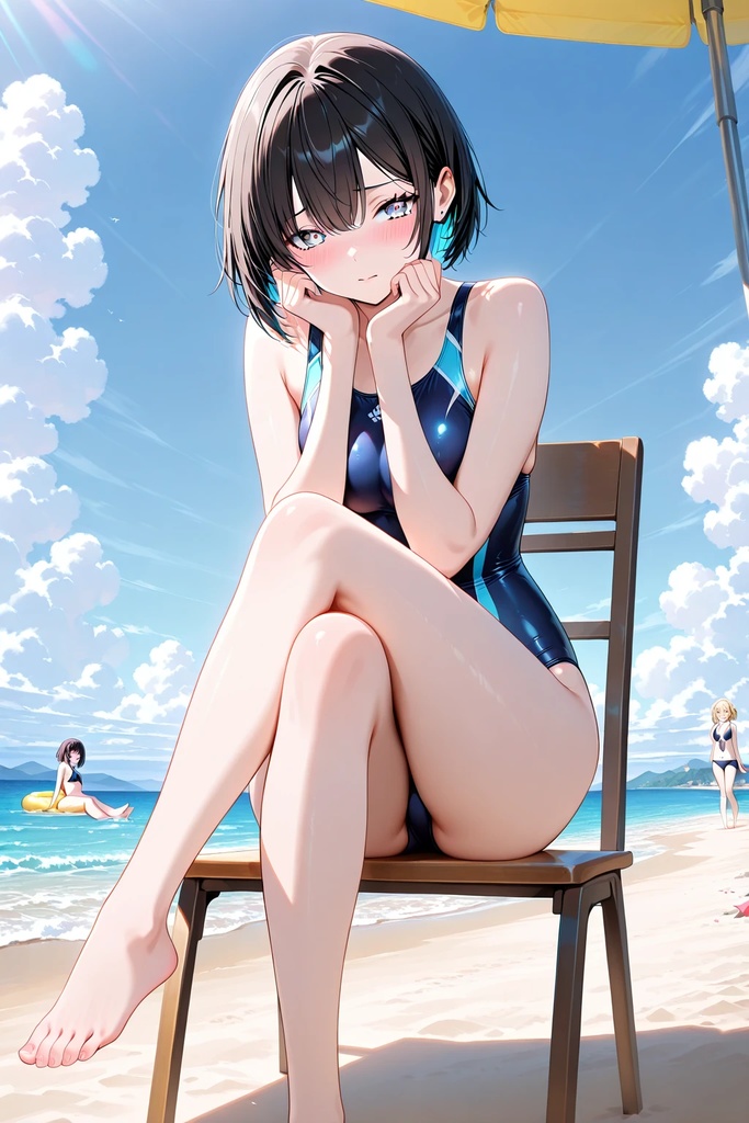 水着姿の、可愛い女の子が恥じらう