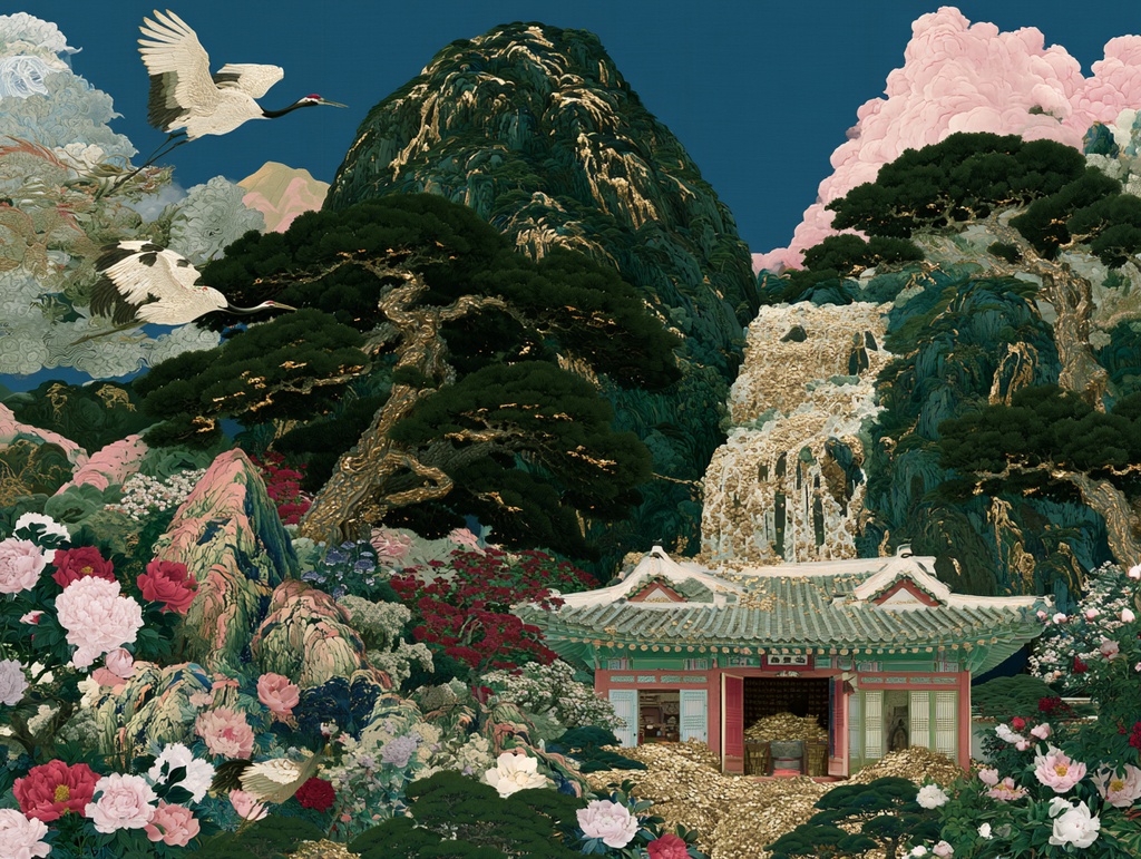 鶴舞う福寿の山水画｜平安と招福を願う高解像度プリントアート ｜300 dpi