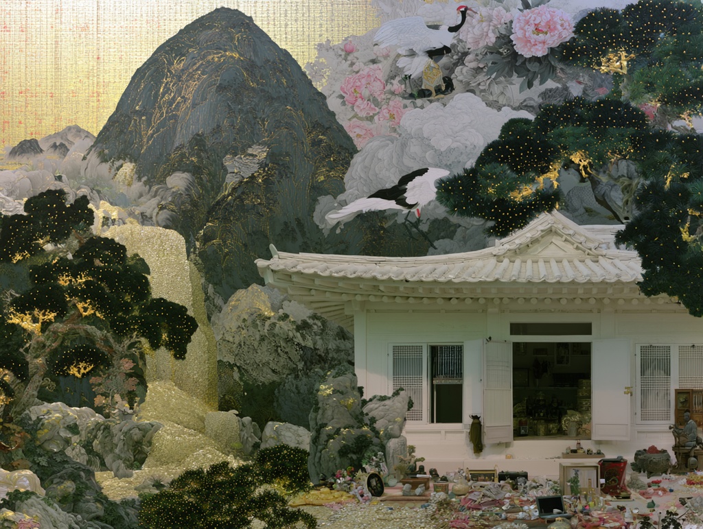 金瀑と白鶴の幻想山水画|東洋ファンタジー壁紙・印刷用デジタルアート|300 dpi