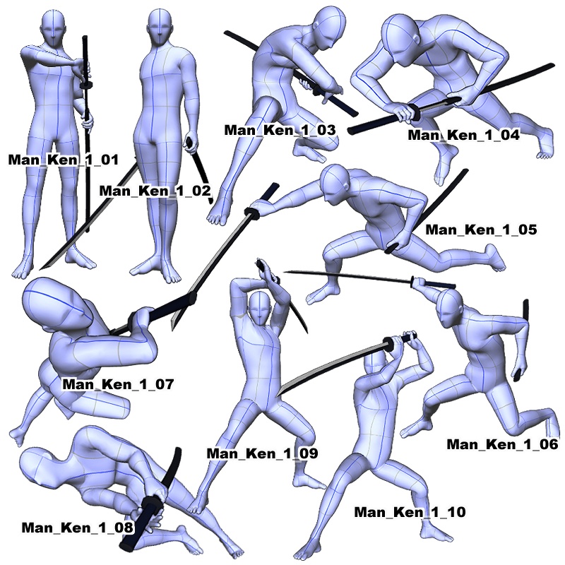 【3Dポーズオブジェクト素材集】 男性モデル 剣術①