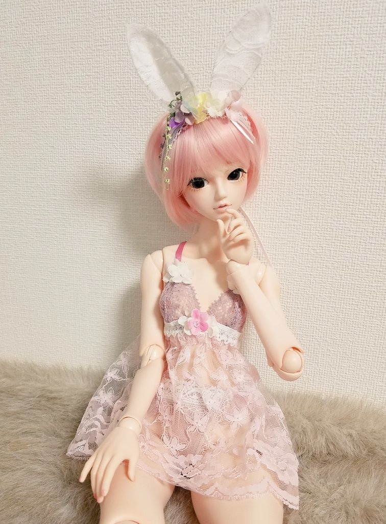 MDD　7インチ用　うさみみカチューシャ　あじさい＋薔薇　ブルーリボン　ｋ-1