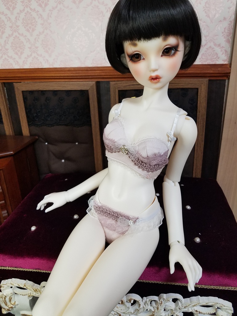 ランジェリーセット+専用収納袋 銀色カメリア+スモーキーピンクブレード