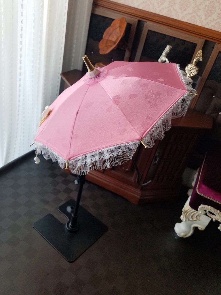 C:桜色のパラソル　桜ボタンと花びら＋収納袋付き