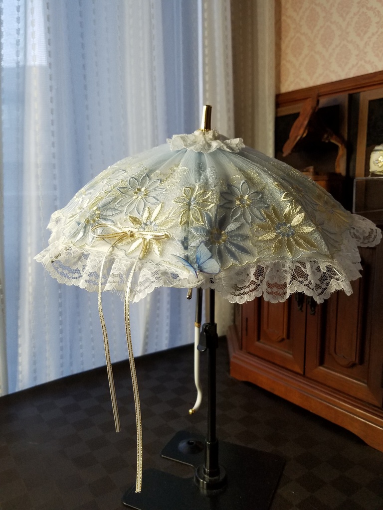 D:刺繍レースパラソル　水色＋収納袋付き