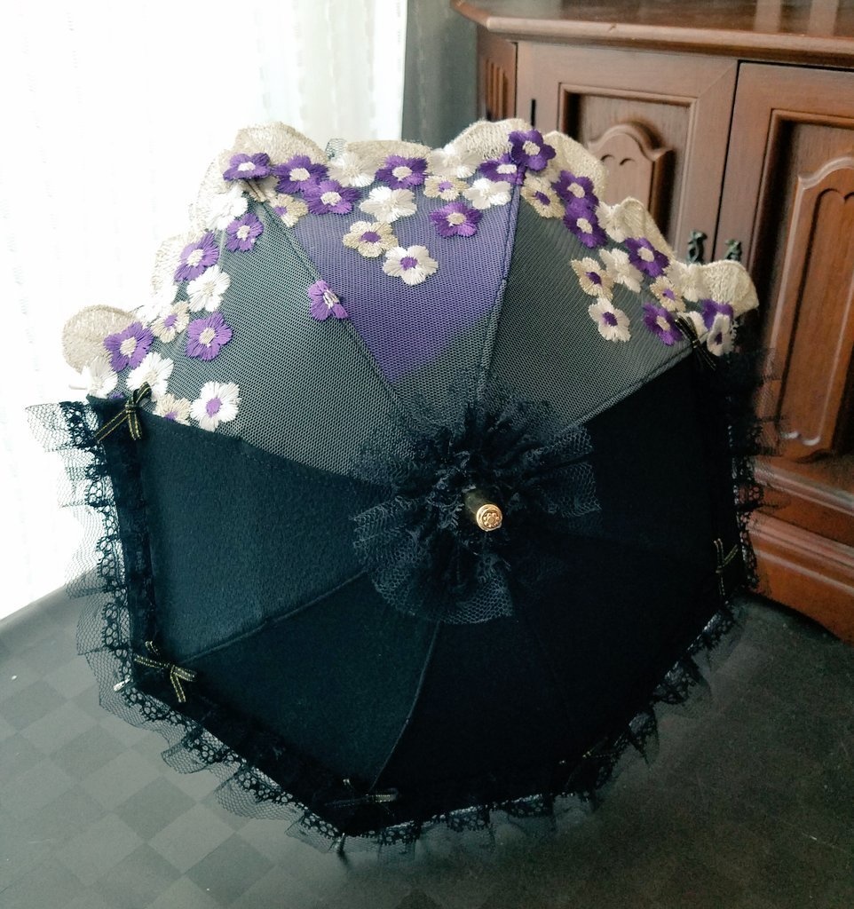 黒シルクベース　紫刺繍レース　