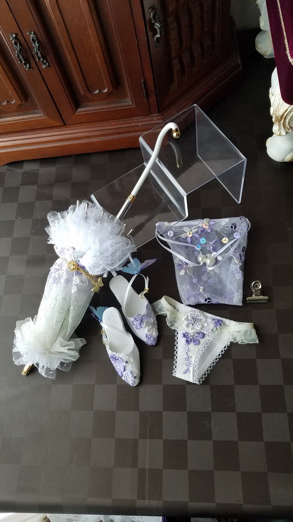 ３点セット販売　青+白花刺繍　パラソル+ミュール+ショーツ 推奨sizeSDgr60cm