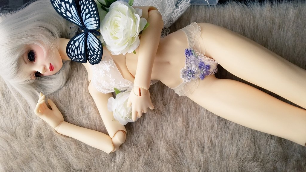 ３点セット販売　青+白花刺繍　パラソル+ミュール+ショーツ 推奨sizeSDgr60cm