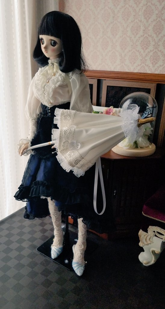 オフホワイト　シルク生地＋白薔薇の刺繍レース　リボンパラソル