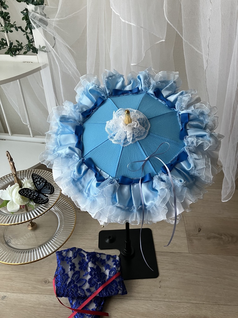 青いリボン　６０㎝級ドール用　リボン幅1.2㎝　Wフリルパラソル　A　柄の長さは３１㎝　MDD仕様変更可能