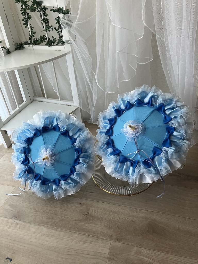 ６０㎝級ドール用　青いリボンDD用　青いリボン　幅2.2㎝　Wフリルパラソル：Ｃ　　柄の長さはＭＤＤ用に調整可能