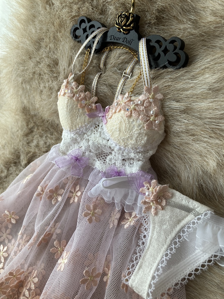 ビスチェ風ベビードール　ピンク花刺繍盛