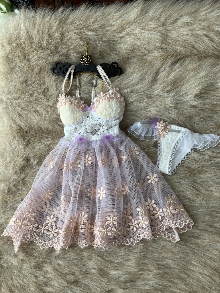 ビスチェ風ベビードール　ピンク花刺繍盛