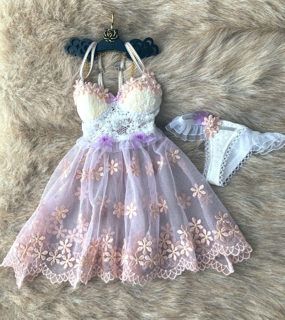 ビスチェ風ベビードール　ピンク花刺繍盛