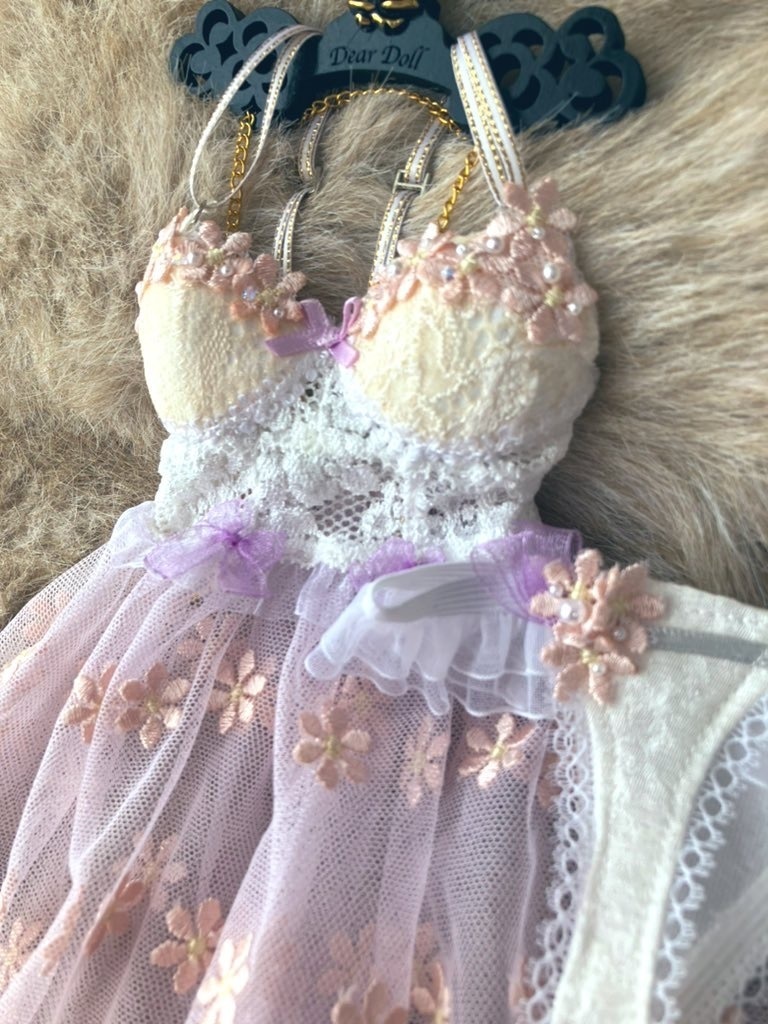 ビスチェ風ベビードール　ピンク花刺繍盛