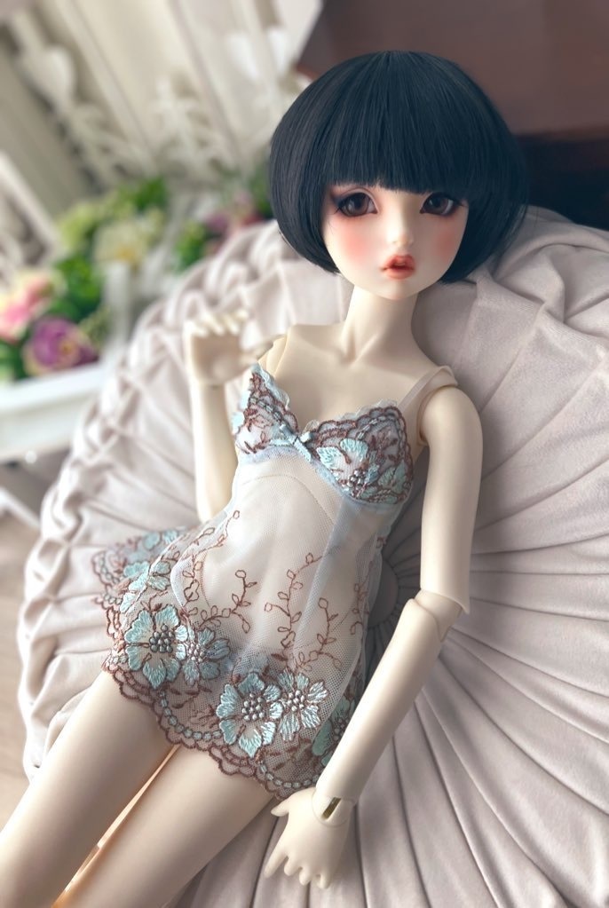 推奨サイズ：DD（M胸）SD13からSD16 　SDgr　スリップドレス　水色花刺繍