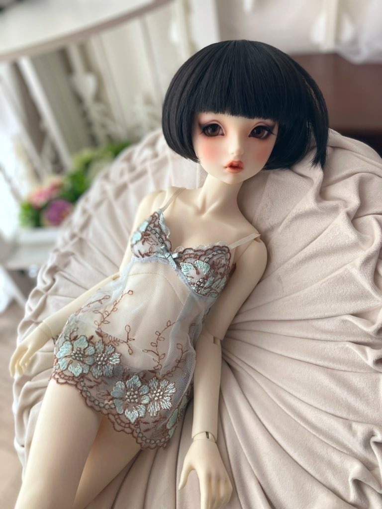 推奨サイズ：DD（M胸）SD13からSD16 　SDgr　スリップドレス　水色花刺繍
