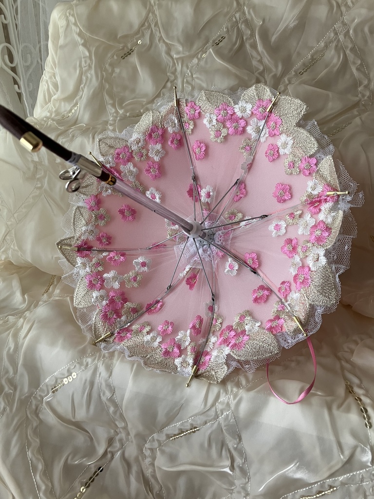 内側全面桜のチュールレース　濃いめピンクの花刺繍