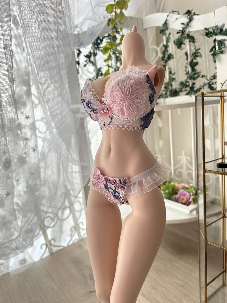 DDDY　ピンクベース　青い花とピンクの花　B:黒縁リボン