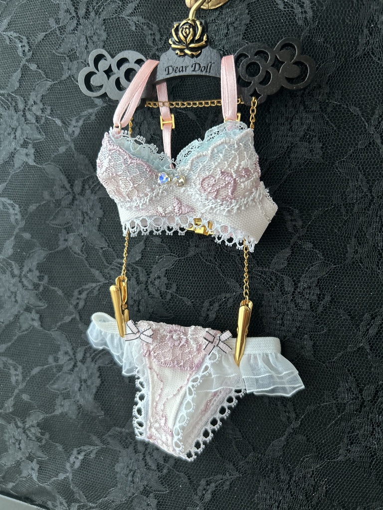  MDD　S胸・M胸　ランジェリーセット　水色×ピンク＋ビジューリボン