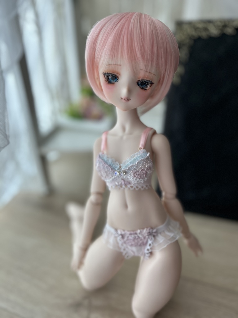  MDD　S胸・M胸　ランジェリーセット　水色×ピンク＋ビジューリボン