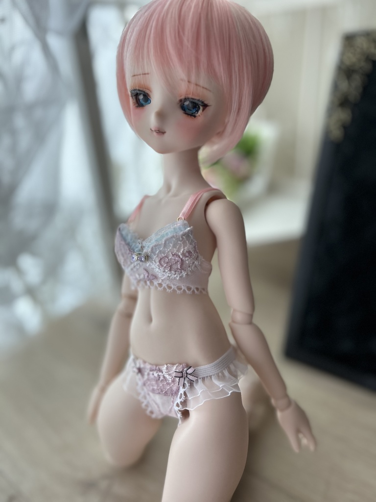  MDD　S胸・M胸　ランジェリーセット　水色×ピンク＋ビジューリボン
