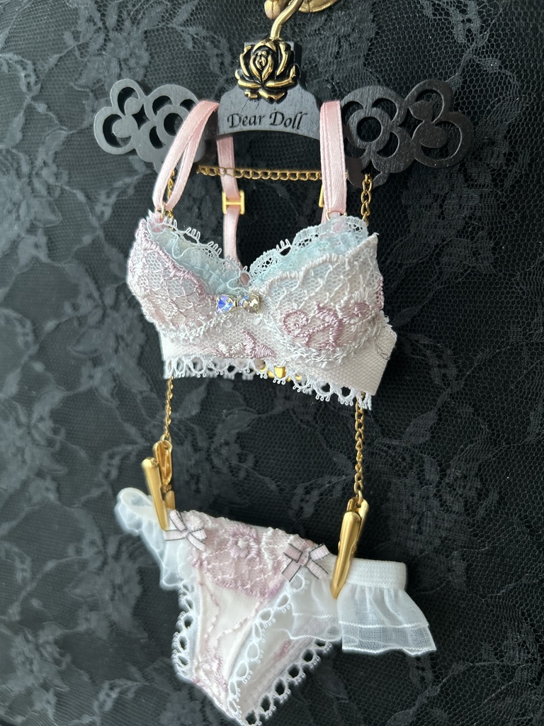  MDD　S胸・M胸　ランジェリーセット　水色×ピンク＋ビジューリボン
