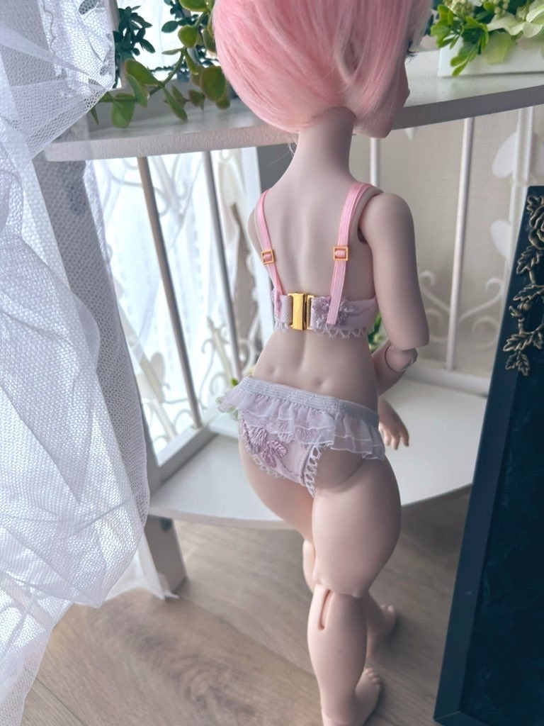  MDD　S胸・M胸　ランジェリーセット　水色＋ピンクレース＋黒ふちリボン