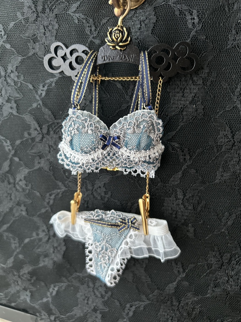 MDD　S胸・M胸　ランジェリーセット 青緑レース＋金サイド青リボン　5