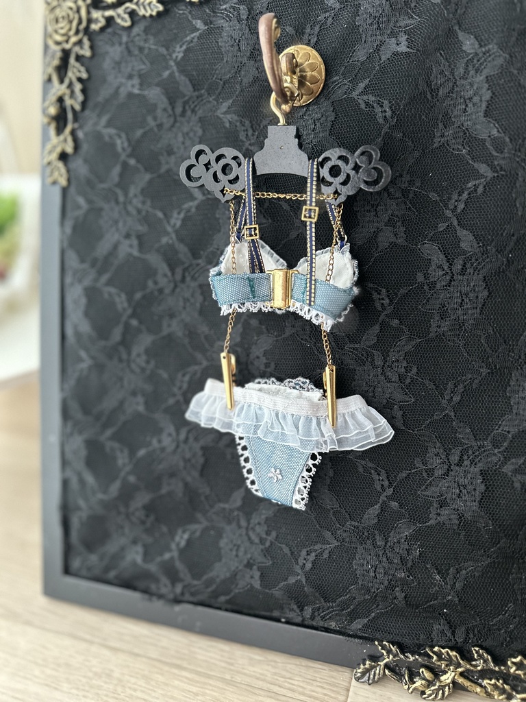   MDD　S胸・M胸　ランジェリーセット 青緑レース＋金サイド青リボン　2