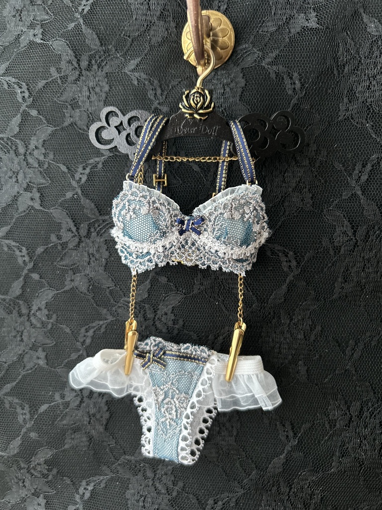 MDD　S胸・M胸　ランジェリーセット 青緑レース＋金サイド青リボン　1