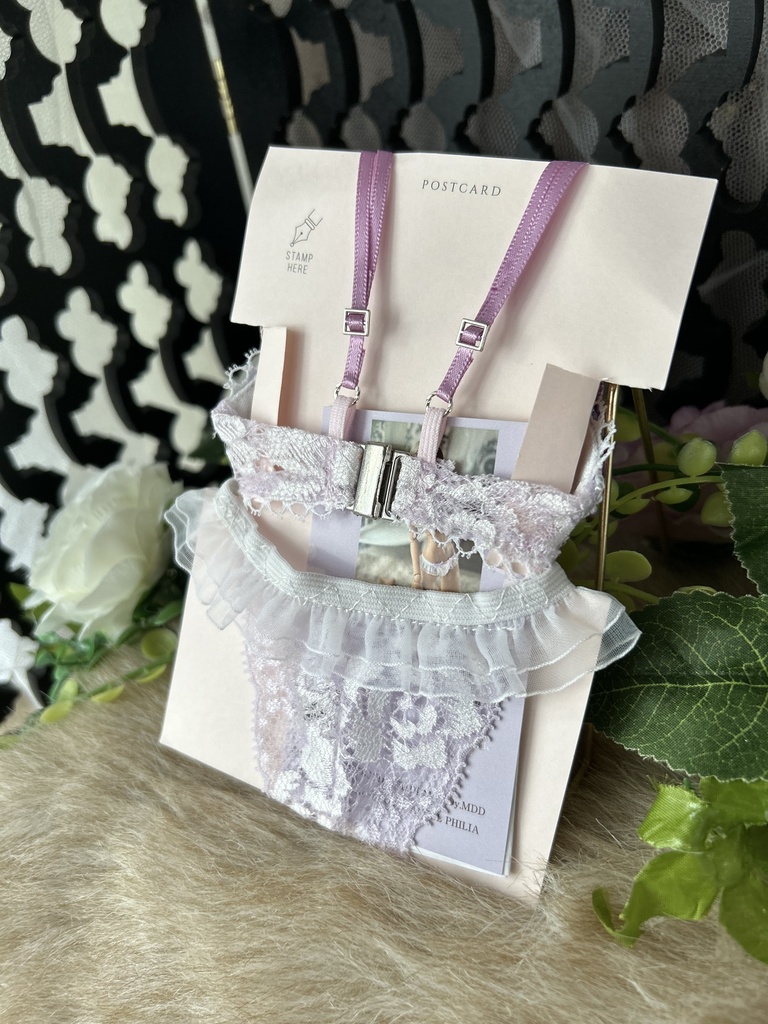 DD M胸　紫の刺繍花ランジェリーセット　肩紐・ピンク系紫