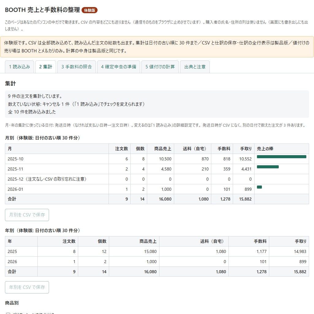 BOOTHの売上管理CSVを月別・商品別に集計し手数料と手取りを出す(体験版あり)