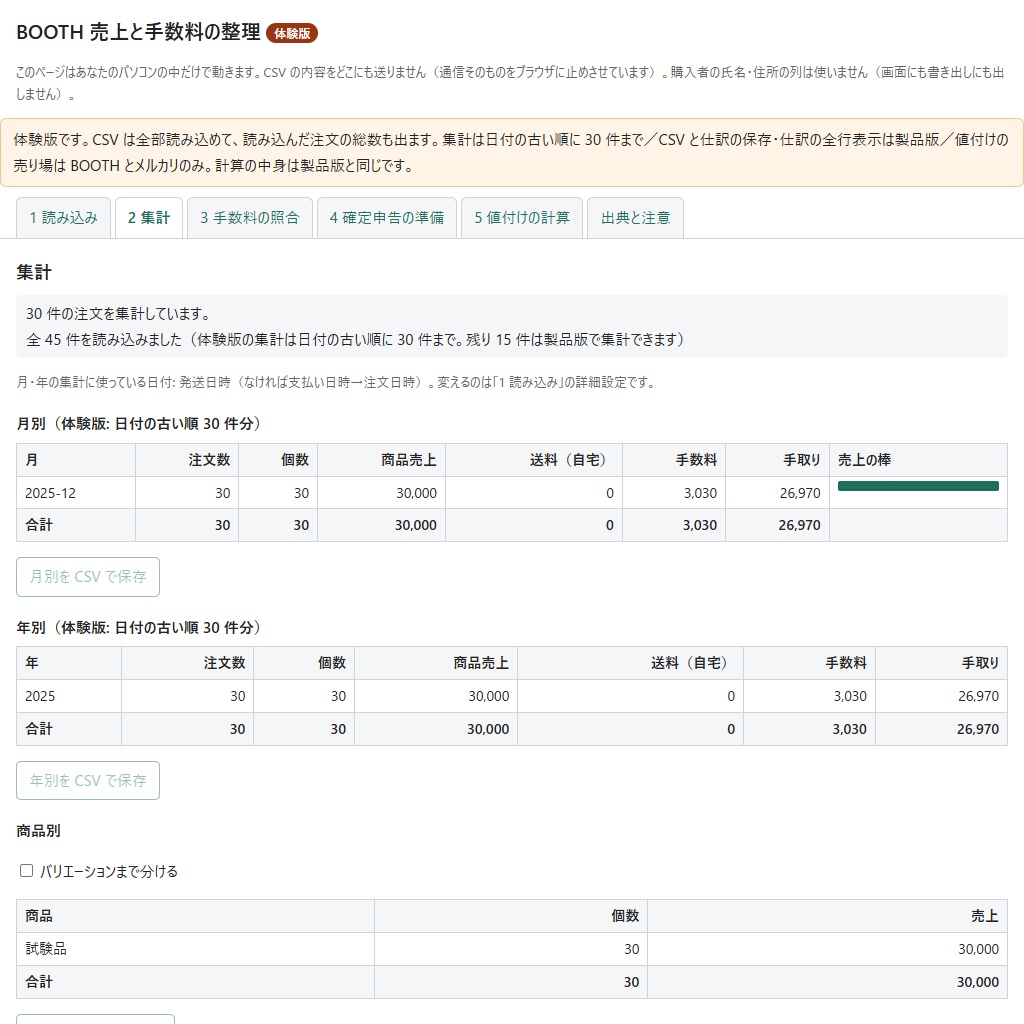 BOOTHの売上管理CSVを月別・商品別に集計し手数料と手取りを出す(体験版あり)
