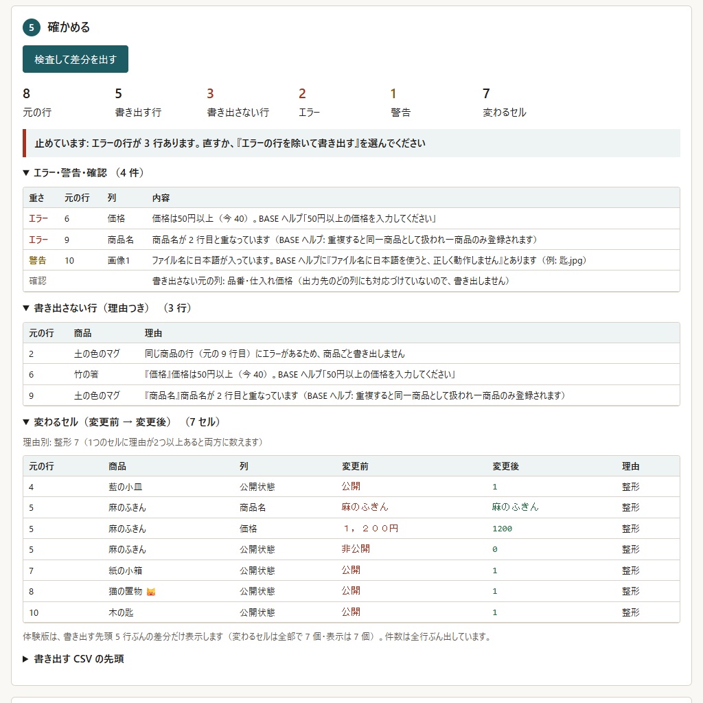 商品CSVをBASE・STORES・Shopify用に変換し価格・在庫をまとめて直す(体験版あり)