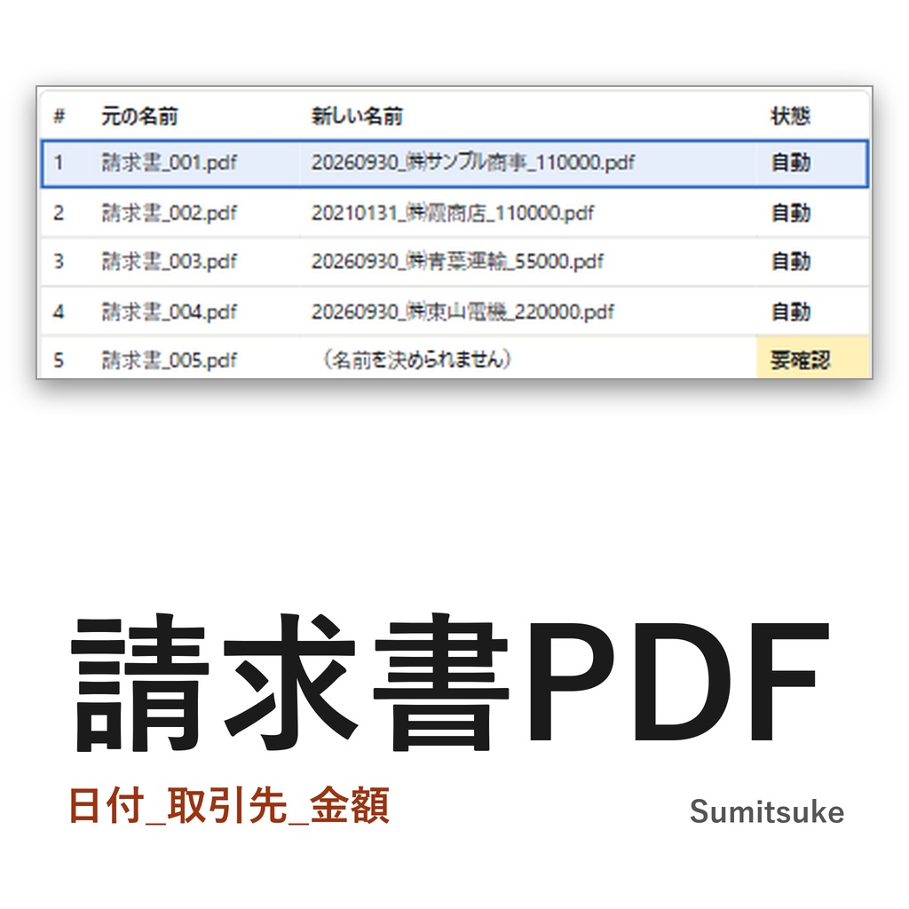 請求書PDFの名前を日付_取引先_金額に｜電子帳簿保存法の保存に向けた整理・索引簿（体験版あり）