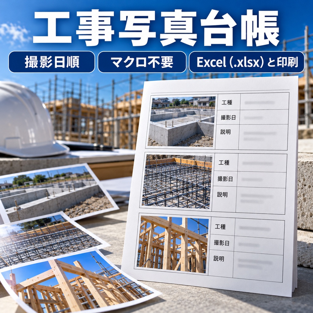 工事写真台帳をExcelで作る｜マクロ不要で動く・撮影日順に並べて印刷（体験版あり）