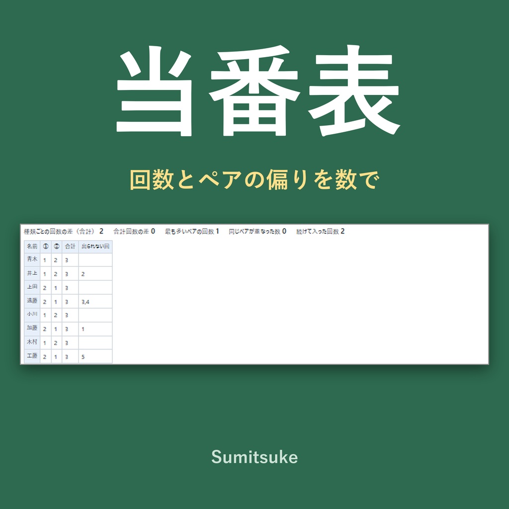 当番表を作る｜出られない回を避けて、回数とペアの偏りを数で見せる（体験版あり）