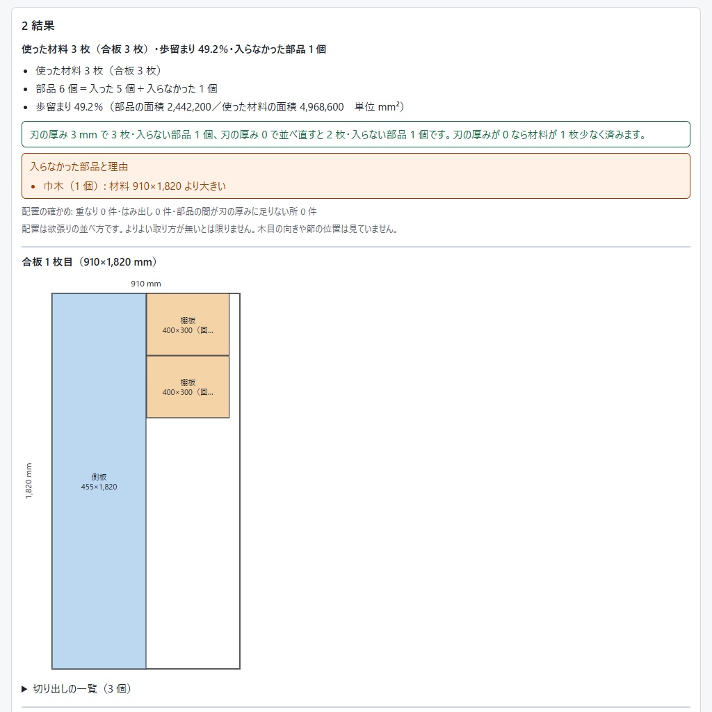 木取り図|板と角材から部品の取り方を並べ、入らない理由とのこ刃の厚みの影響を見せる(体験版あり)