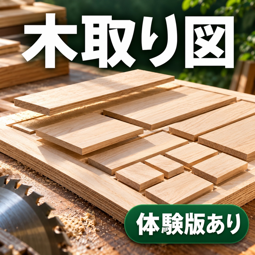 木取り図｜板と角材から部品の取り方を並べ、入らない理由とのこ刃の厚みの影響を見せる（体験版あり）
