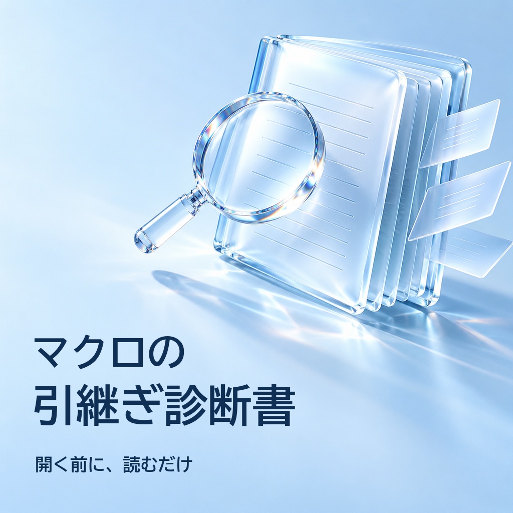 Excelマクロの引継ぎ診断書｜前任者のVBAを読んで一覧に・動くかは保証しない点検（体験版あり）