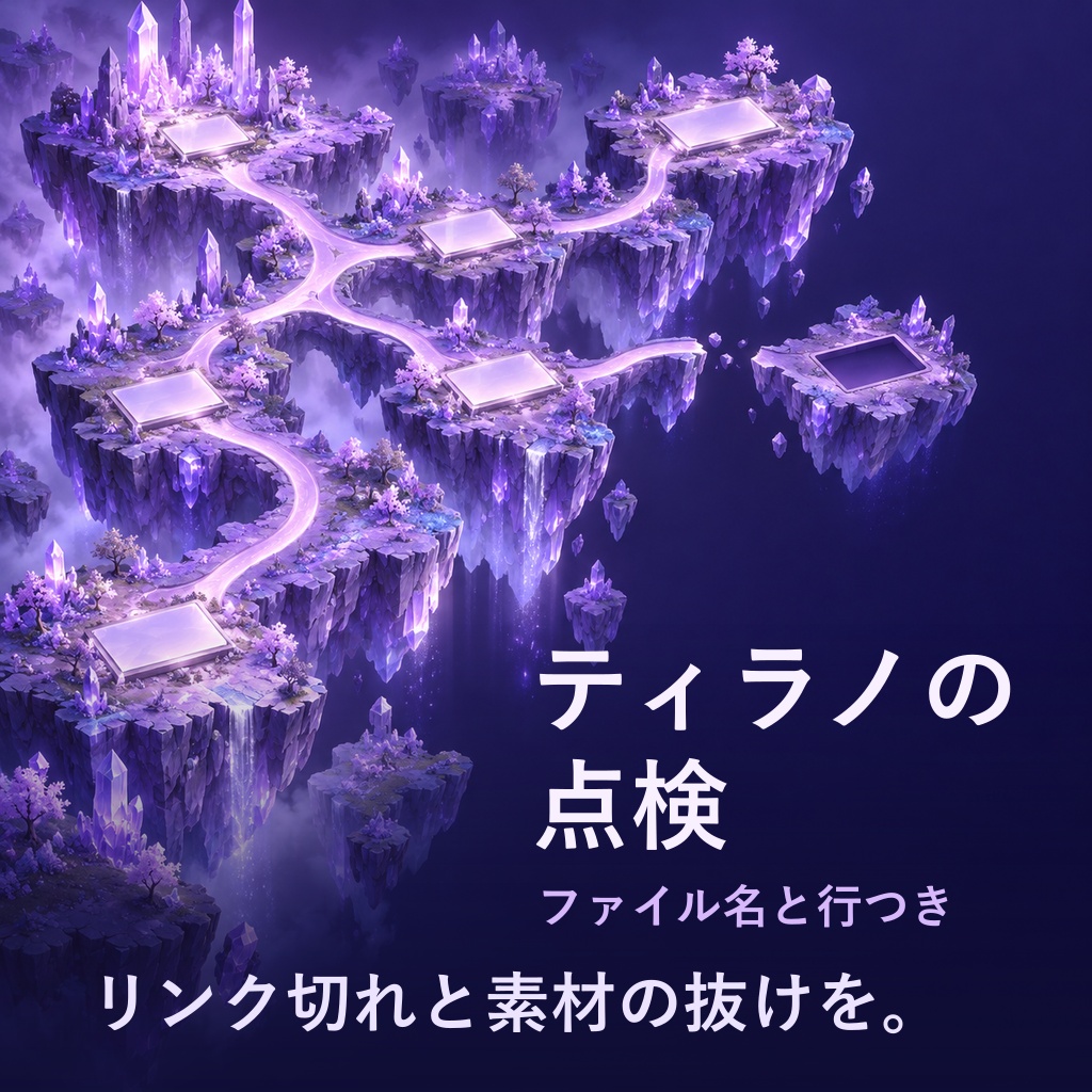 ティラノスクリプトのリンク切れと素材の抜けを公開前に一覧で｜ファイル名と行つき（体験版あり）