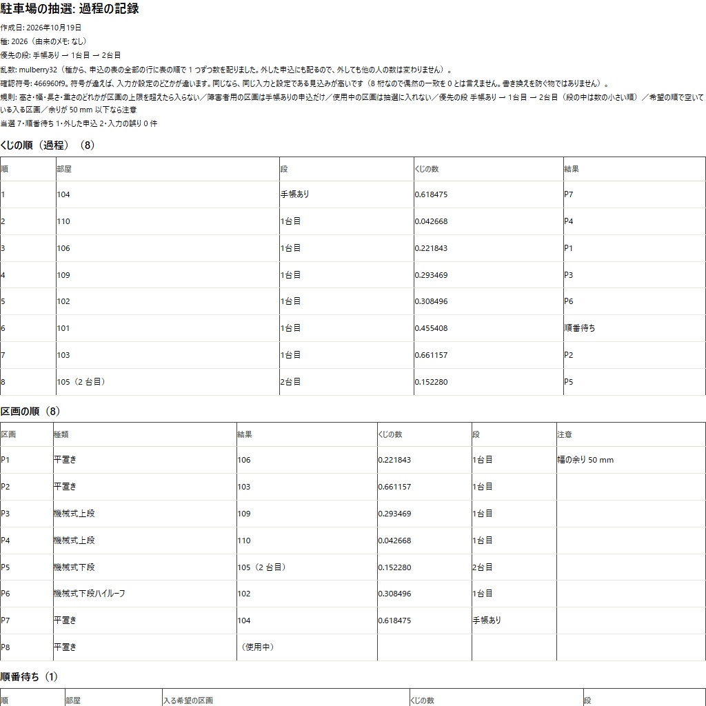 駐車場の抽選と記録|車の寸法で入る区画だけ抽選・過程を印刷(体験版あり)